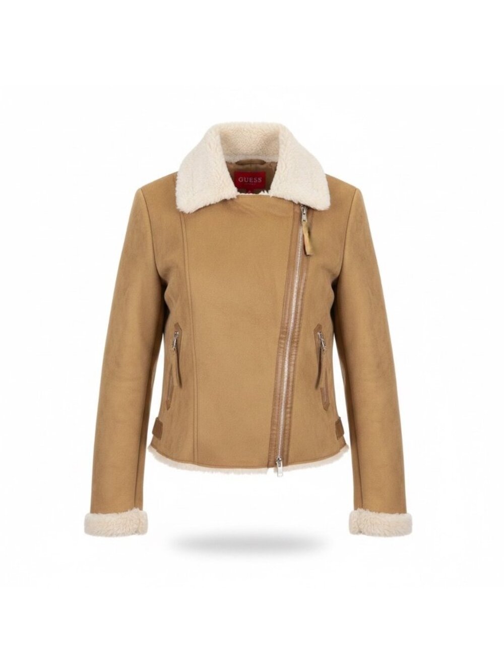 Guess Womens Tan Faux Shearling Aviator Jacket Chic Asymmetrical Zip Size M